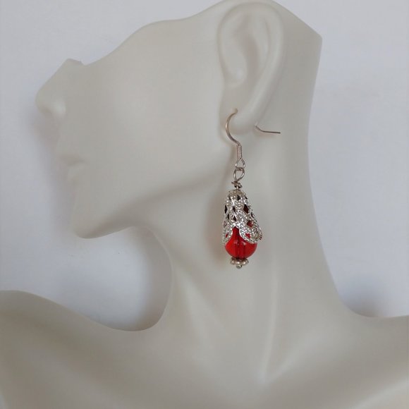 Handmade Red and Silver Filigree Beaded Earrings On Silver Tone Fishhooks 1.75in - Picture 6 of 14